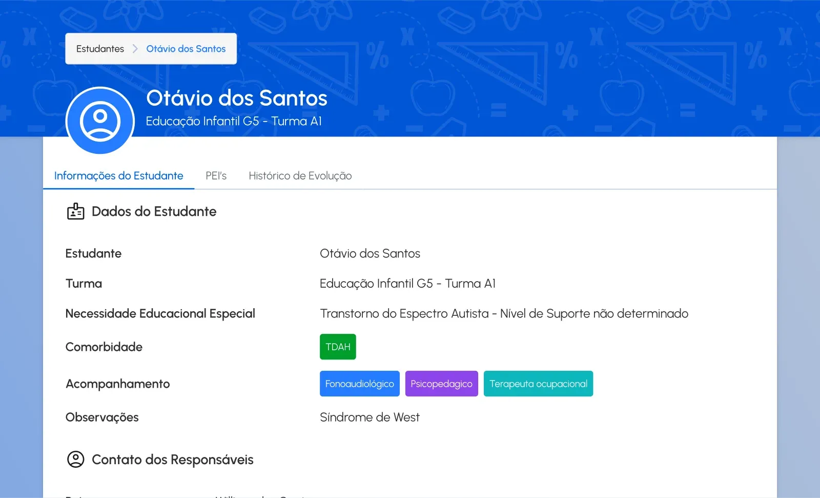 Ficha do estudante com turma, acompanhamentos e abas de PEIs e histórico de evolução.